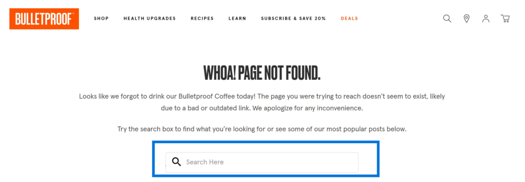 404 Error Page Not Found Example BulletProof Coffee with Search Bar