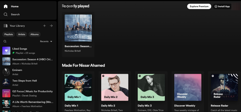 Above the Fold Example "Spotify Personalized Home Page"