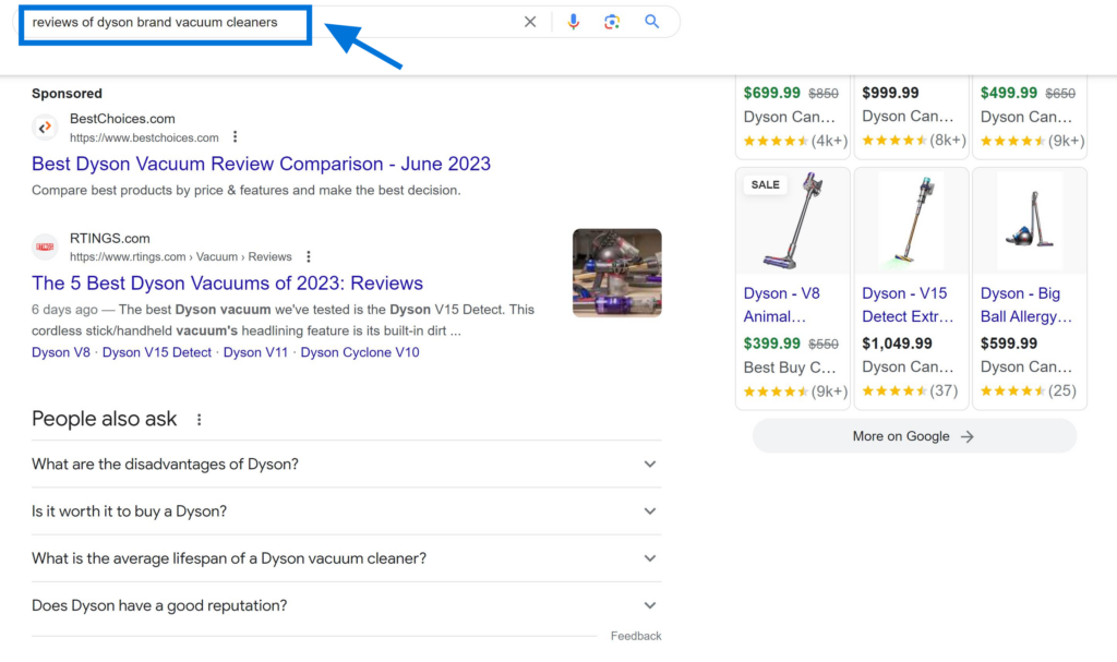 Commercial Investigation Search Intent Example "reviews of dyson brand vacuum cleaners"