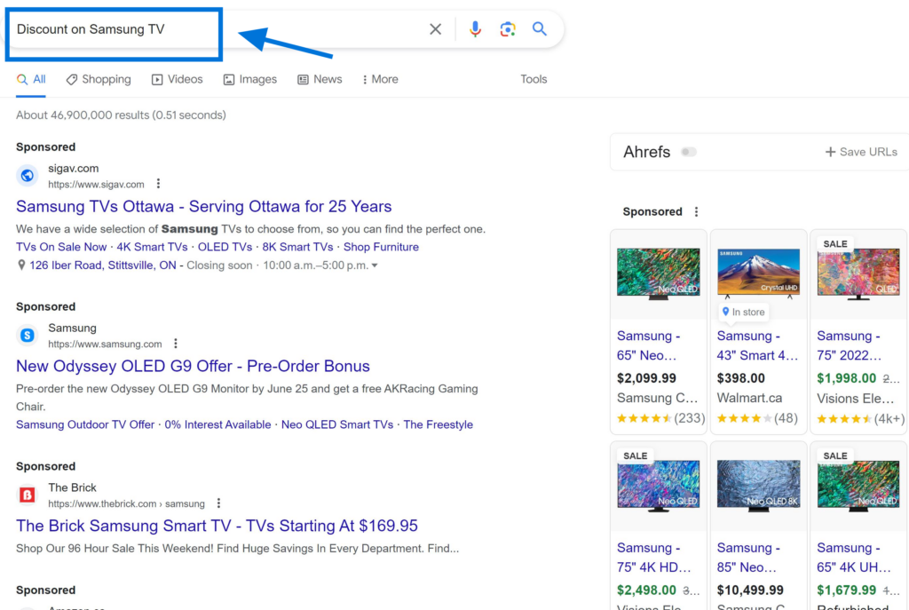 Commercial Search Intent Example "Discount on Samsung TV"