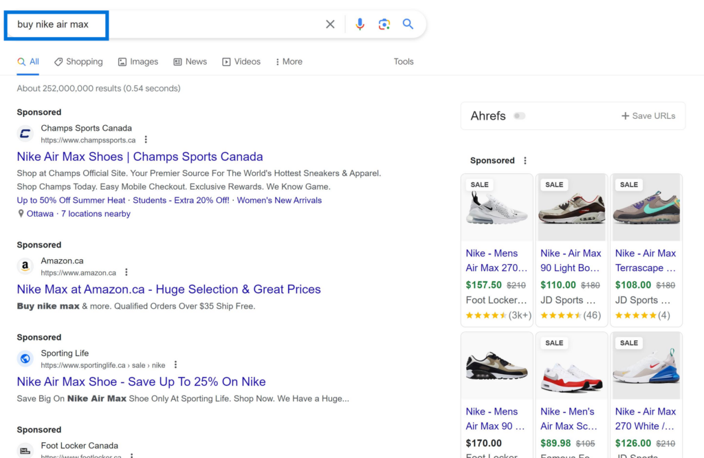 Commercial Search Intent Example "buy nike air max"