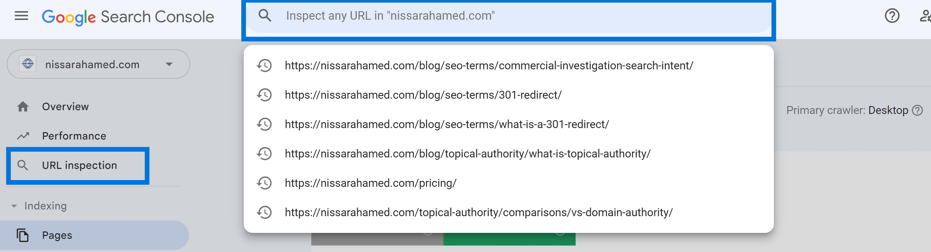 Google Search Console Search URL Inspection