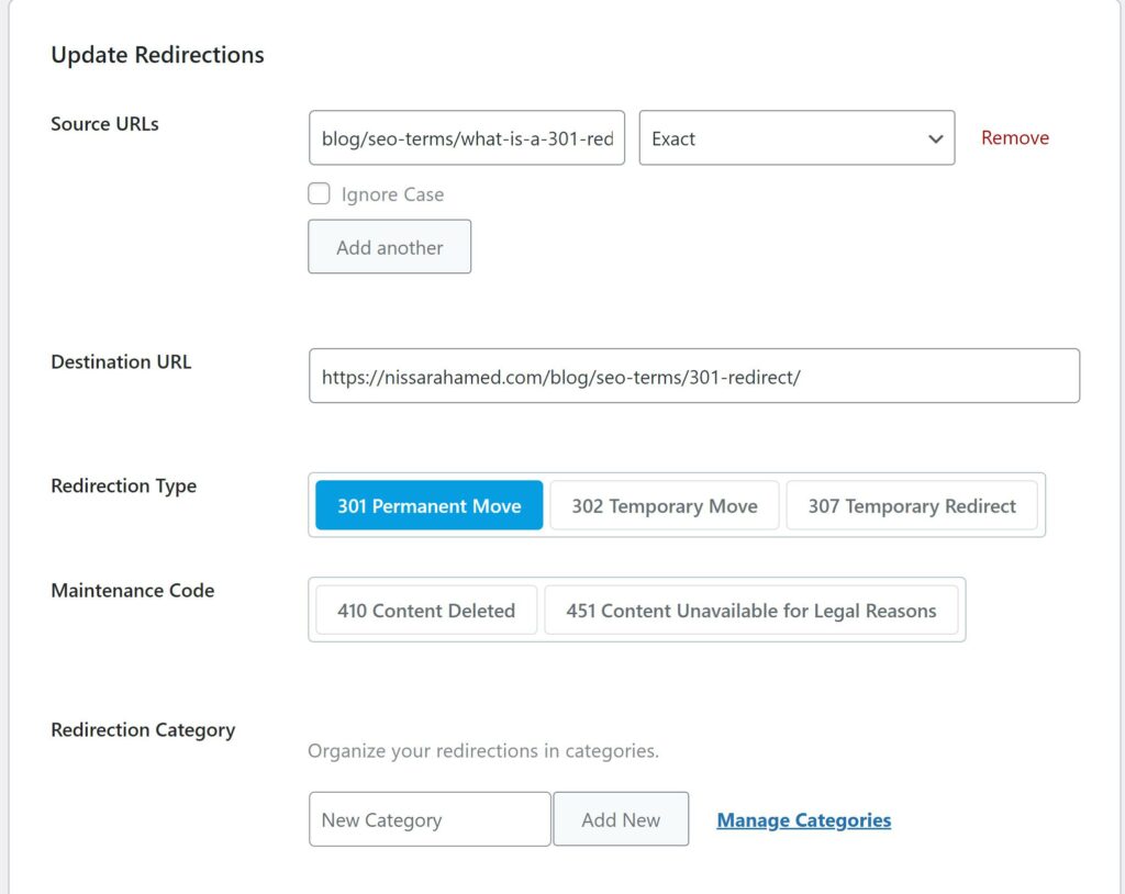 Implementing Redirects RankMath WordPress Example