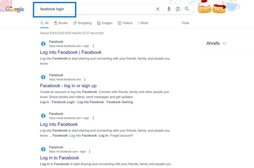 Navigational Search Intent Example "facebook Login"