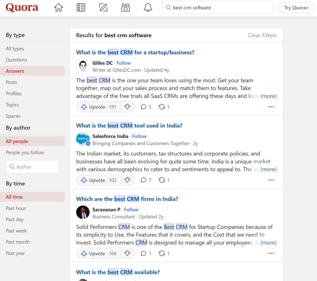 Quora Search Example "best crm software"