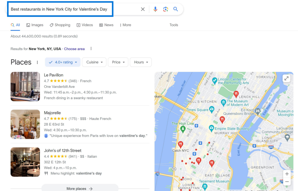 Transactional Search Intent Example "best restaurants in New York City for Valentine's Day"