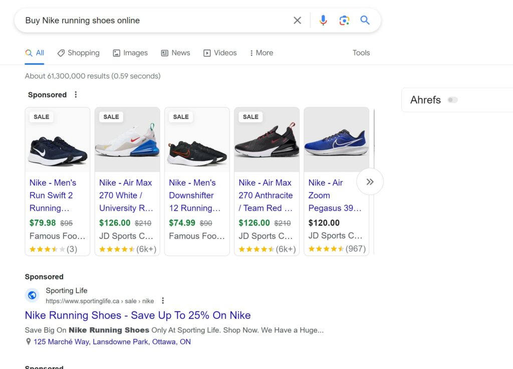 Transactional Search Intent Example "buy nike running shoes online"