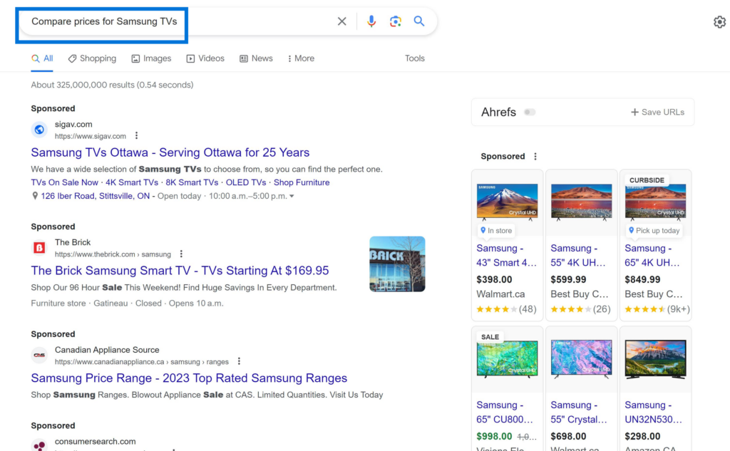Transactional Search Intent Example "compare prices for samsung tvs"
