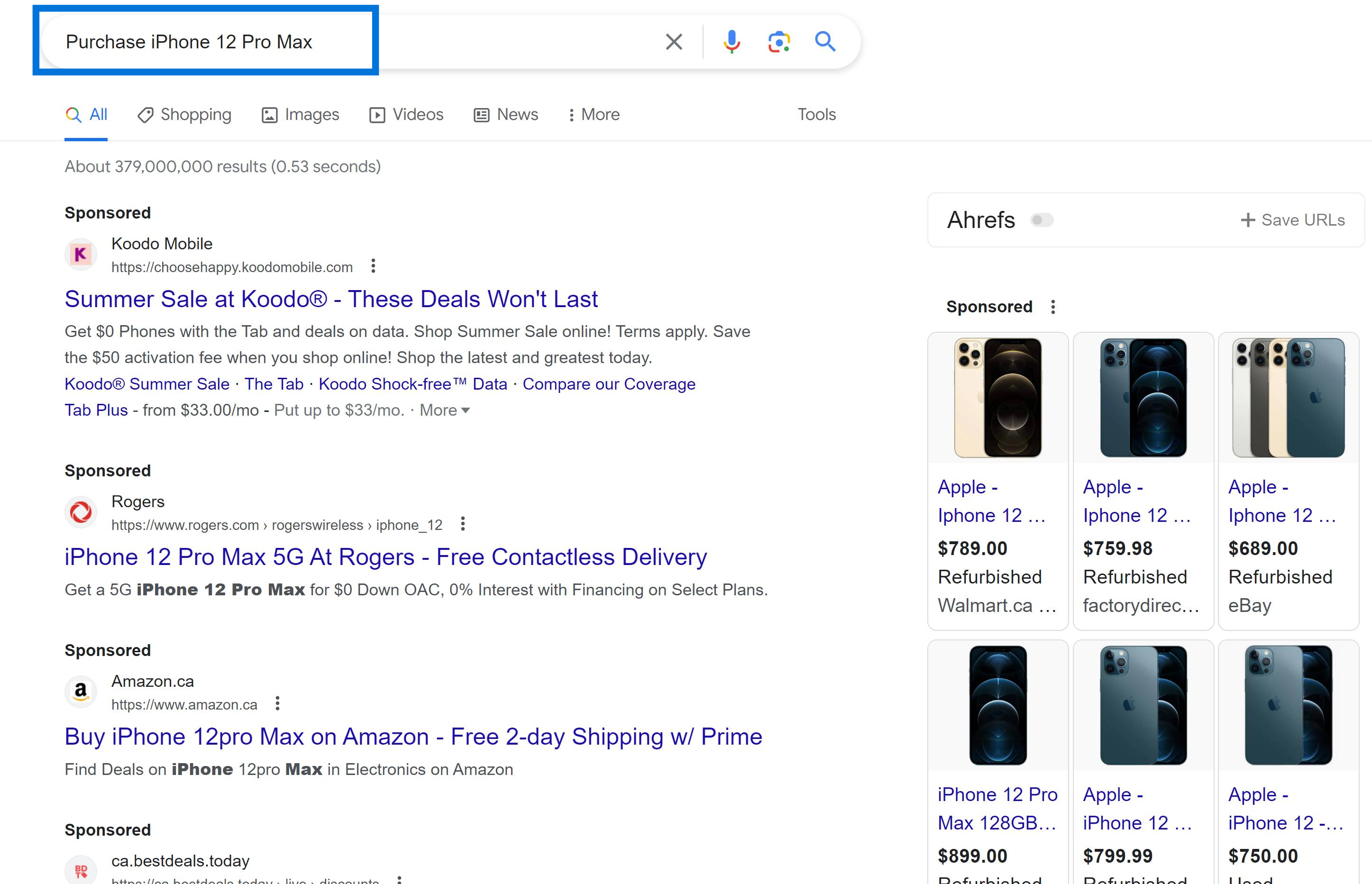 Transactional Search Intent Example "purchase iphone 12 pro max"