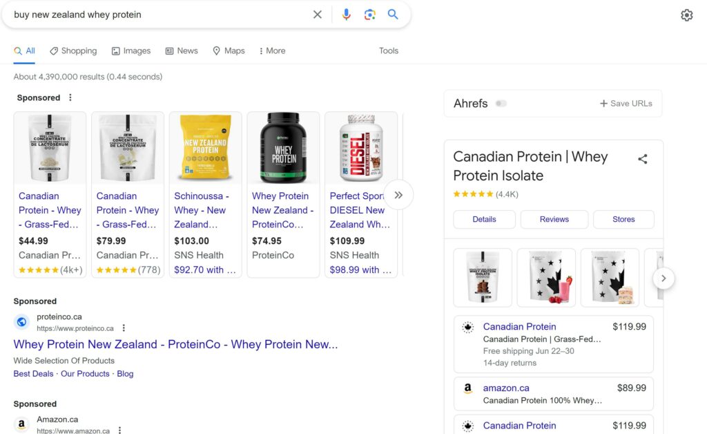Transactional Search Intent Example "buy new zealand whey protein"