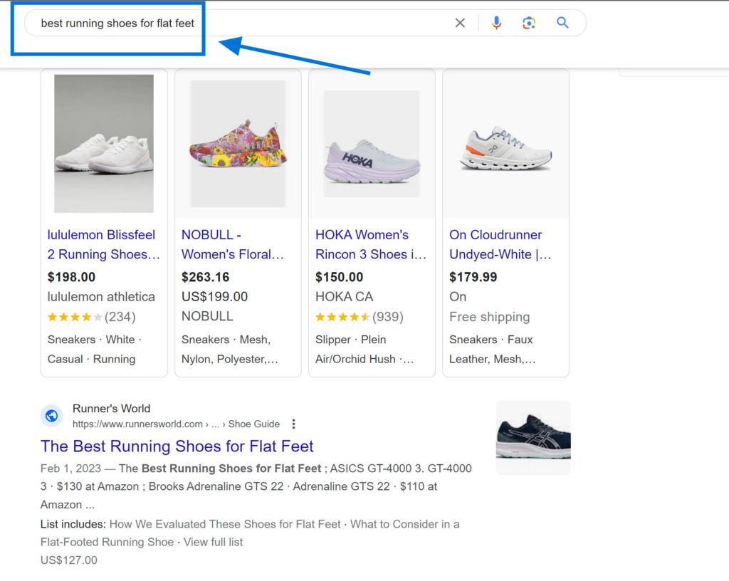 Search Intent Example "Best Running Shoes for Flat Feet"