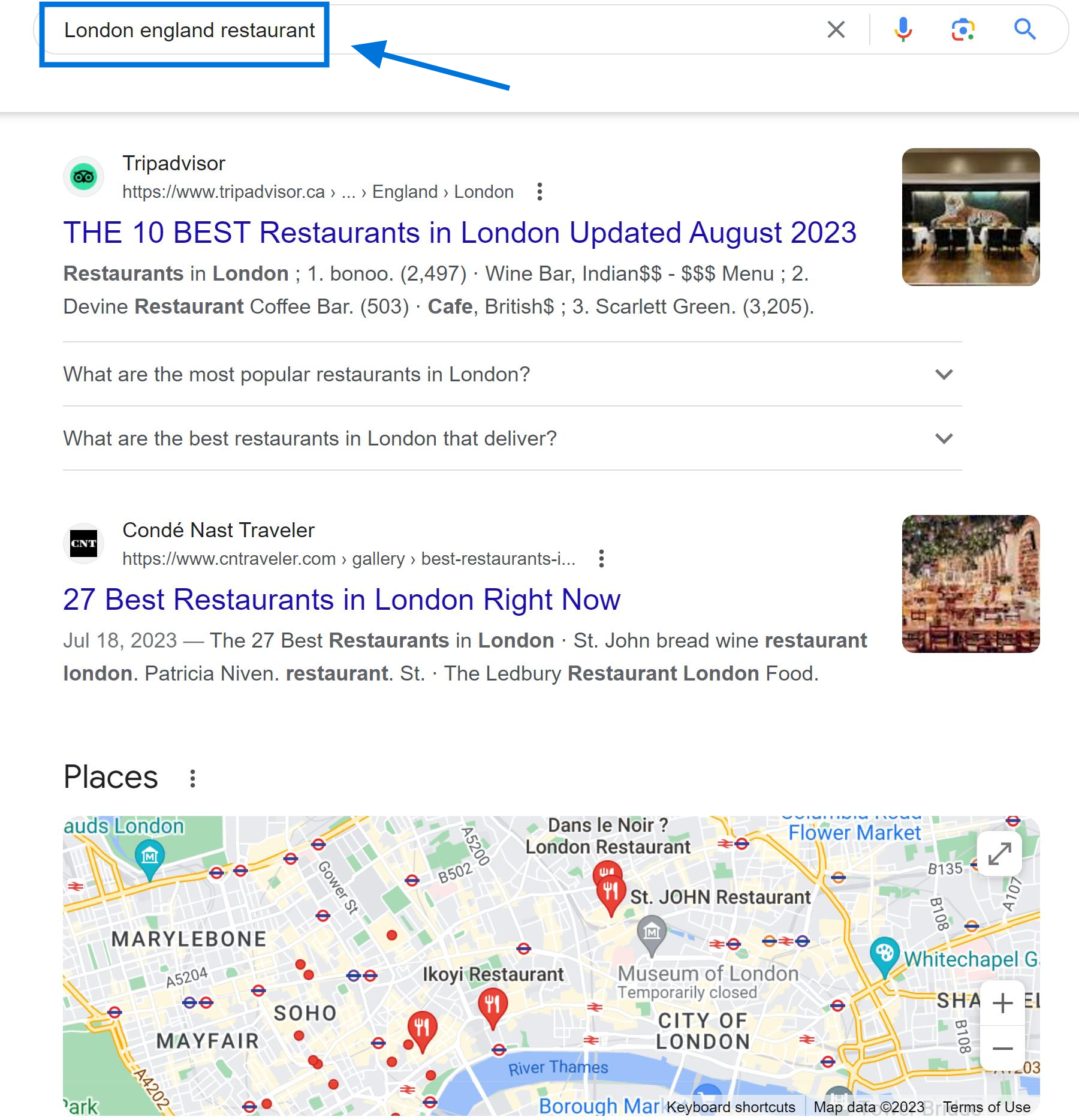 Geo-targeting Keywords Example "London England restaurant"