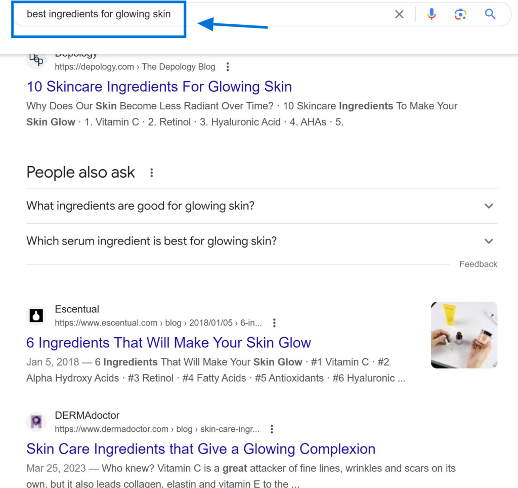 Informational Keywords Example "best ingredients for glowing skin"