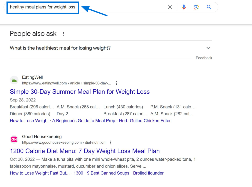 Informational Keywords Example "healthy meal plans for weight loss"