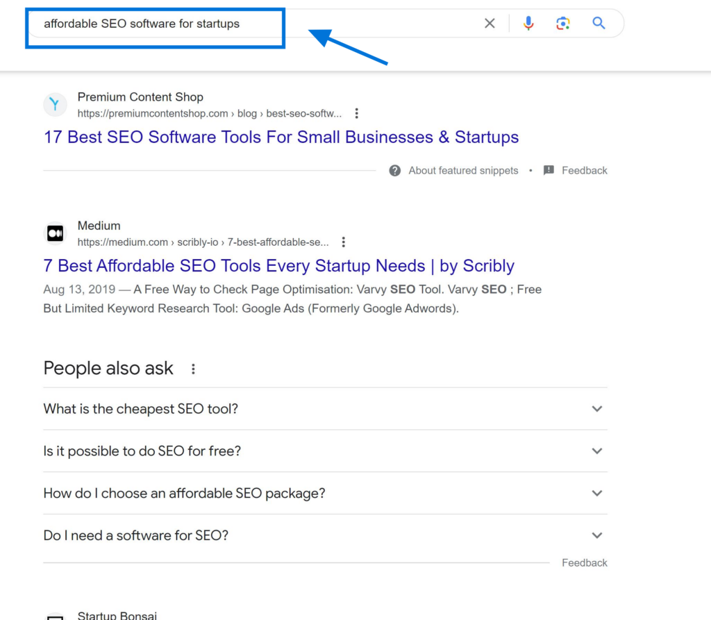 Long-tail Keywords Example "affordable SEO software for startups"
