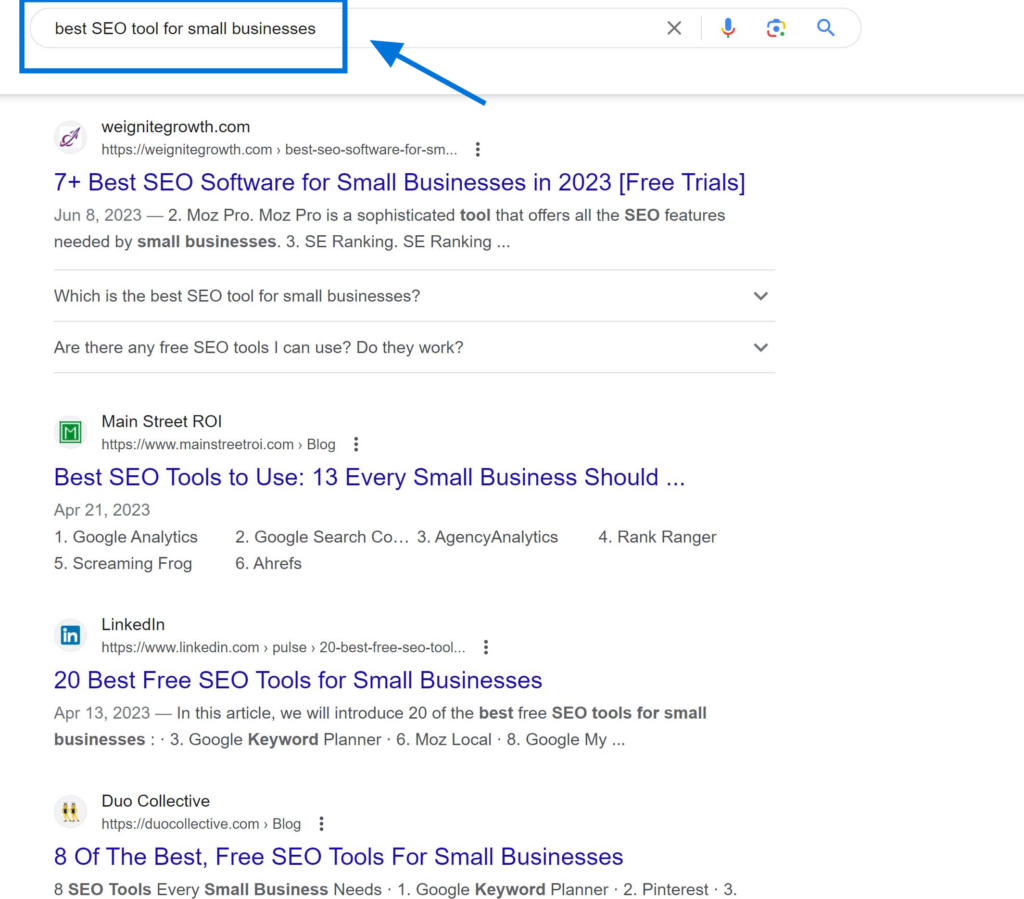 Long-tail Keywords Example "best SEO tool for small businesses"
