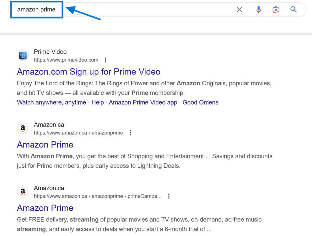 Navigational Keywords Example "Amazon Prime"