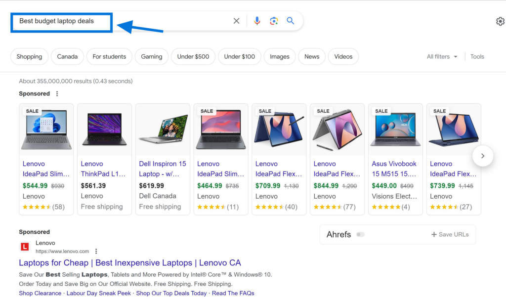 Transactional Keywords Example "Best budget laptop deals"