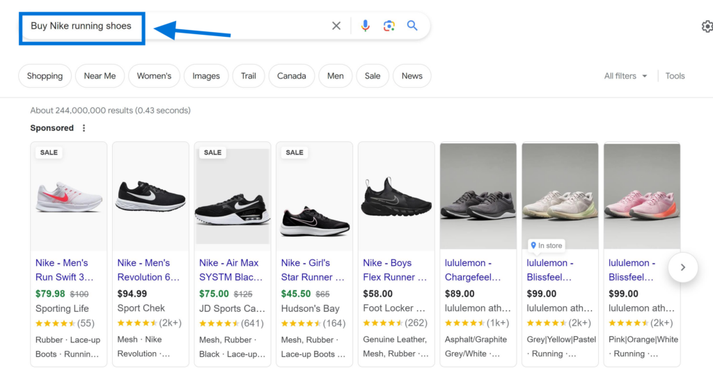 Transactional Keywords Example "Buy Nike Running Shoes"