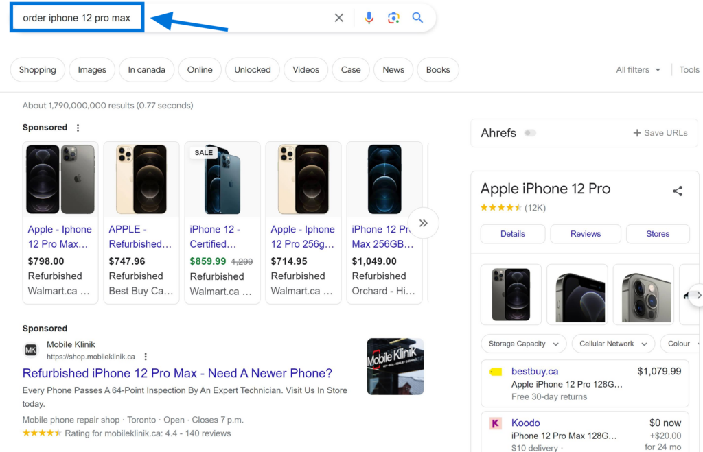 Transactional Keywords Example "Order iPhone 12 Pro Max"