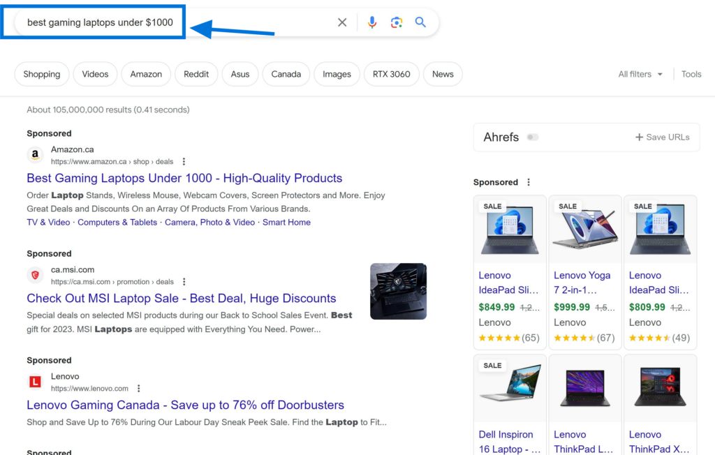 Transactional Keywords Example "best gaming laptops under $1000"