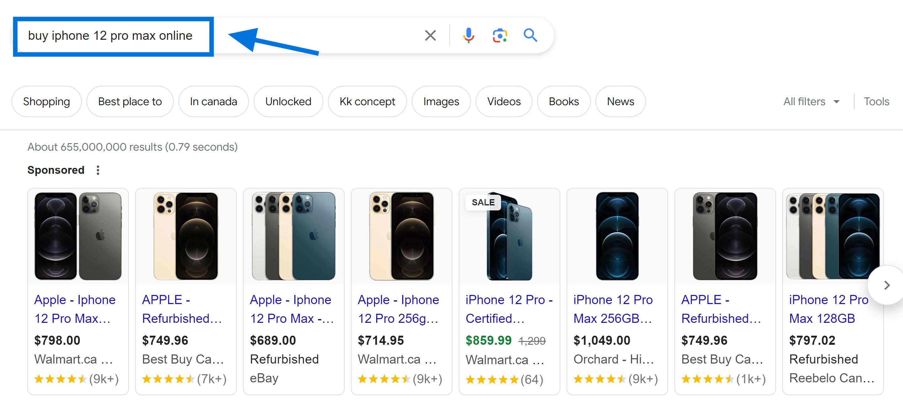 Transactional Keywords Example "buy iphone 12 pro max online"