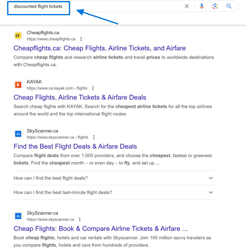 Transactional Keywords Example "discounted flight tickets"