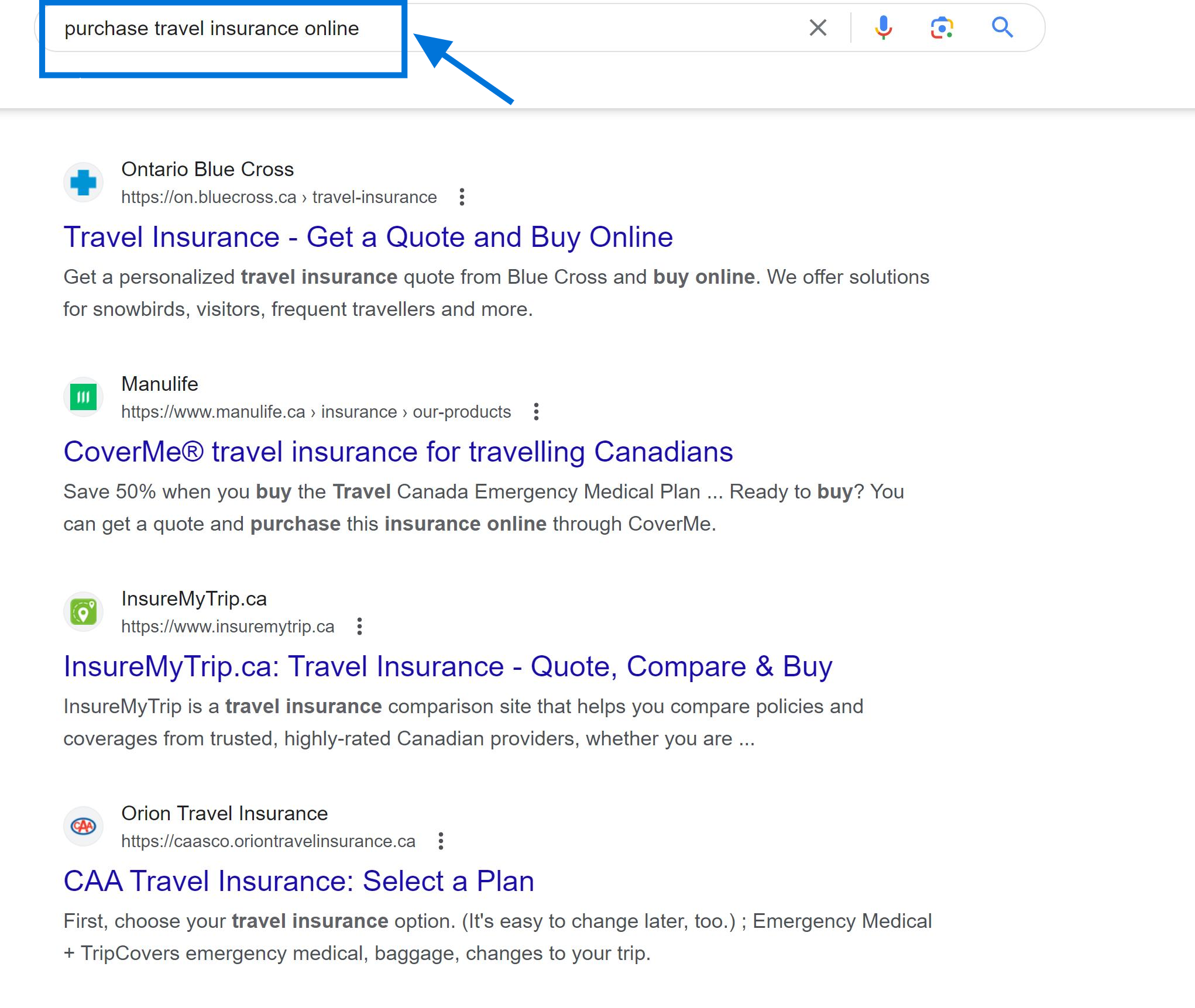 Transactional Keywords Example "purchase travel insurance online"